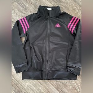 Girls adidas black zip up with pink stripes, size 10/12